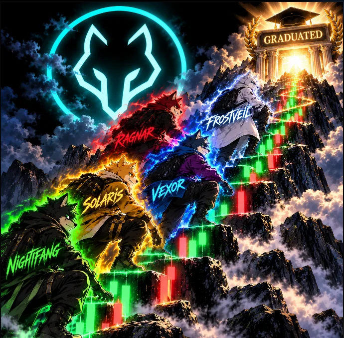The five wolves climbing a mountain of green and red candles towards a temple that reads Graduated.